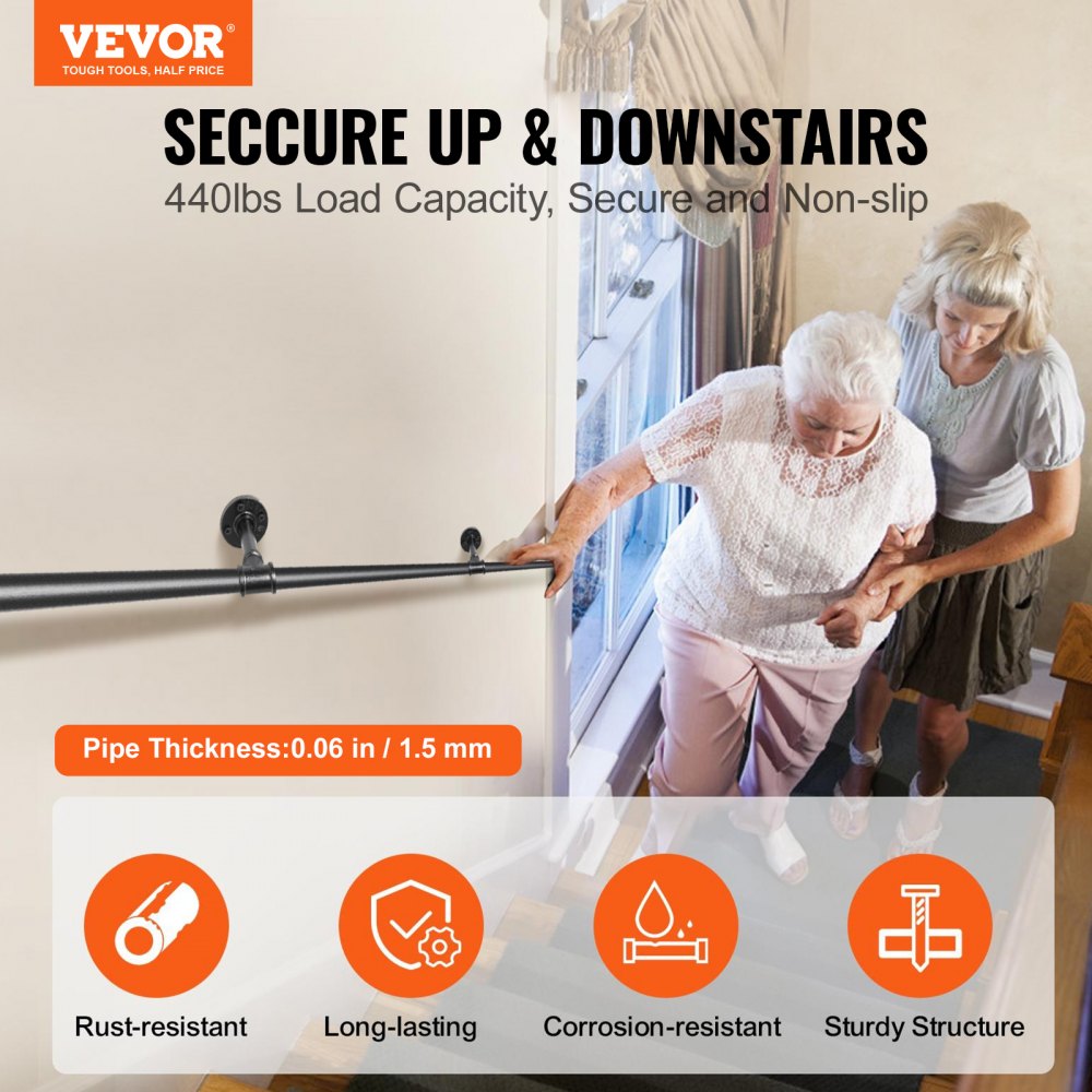 Black industrial carbon steel pipe stair handrail with robust construction and secure brackets.