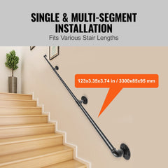 Black industrial carbon steel pipe stair handrail, 11 feet long, with secure wall-mounted brackets.