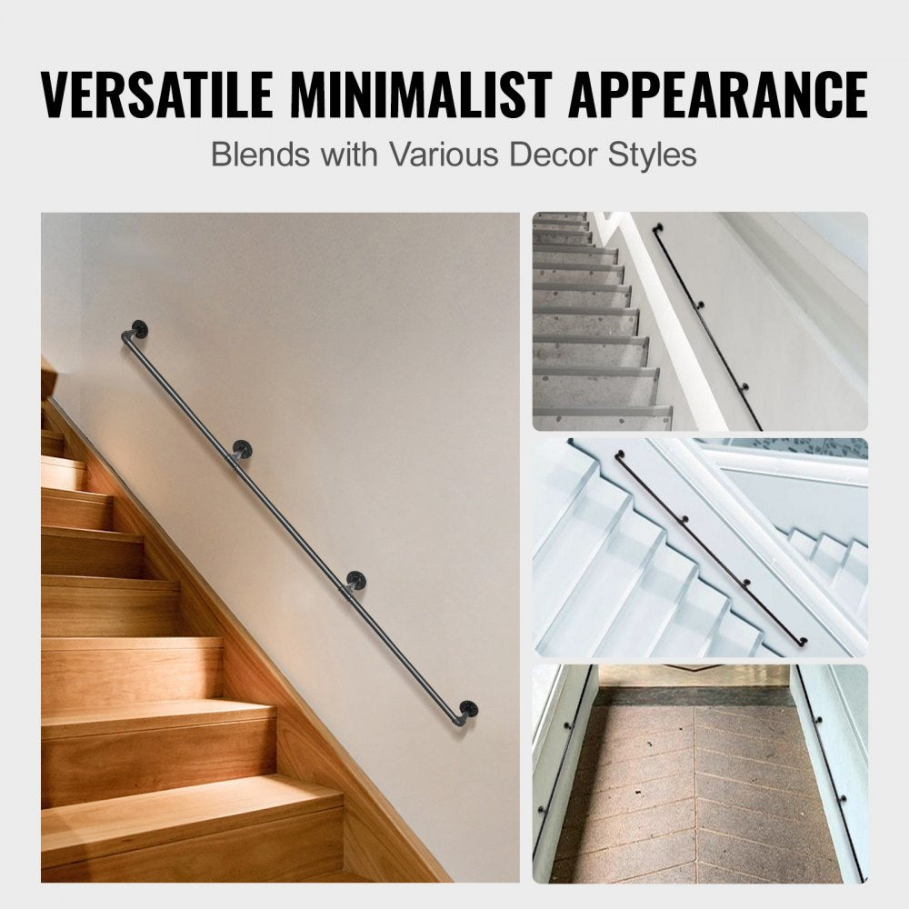 Black 11ft industrial carbon steel pipe stair handrail with robust wall-mounted design.