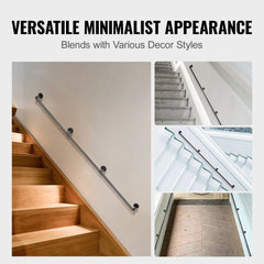 Black 11ft industrial carbon steel pipe stair handrail with robust wall-mounted design.