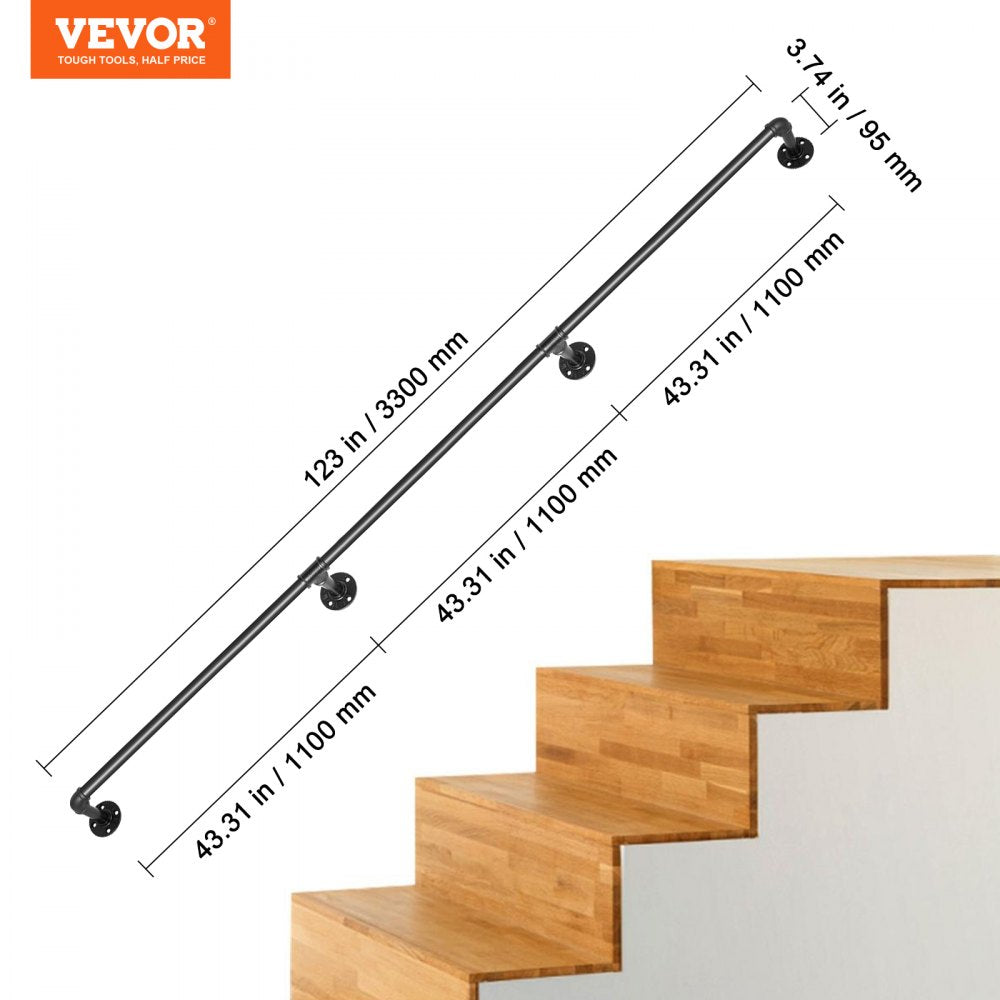 Black 11ft industrial carbon steel pipe stair handrail with secure wall-mounted brackets.