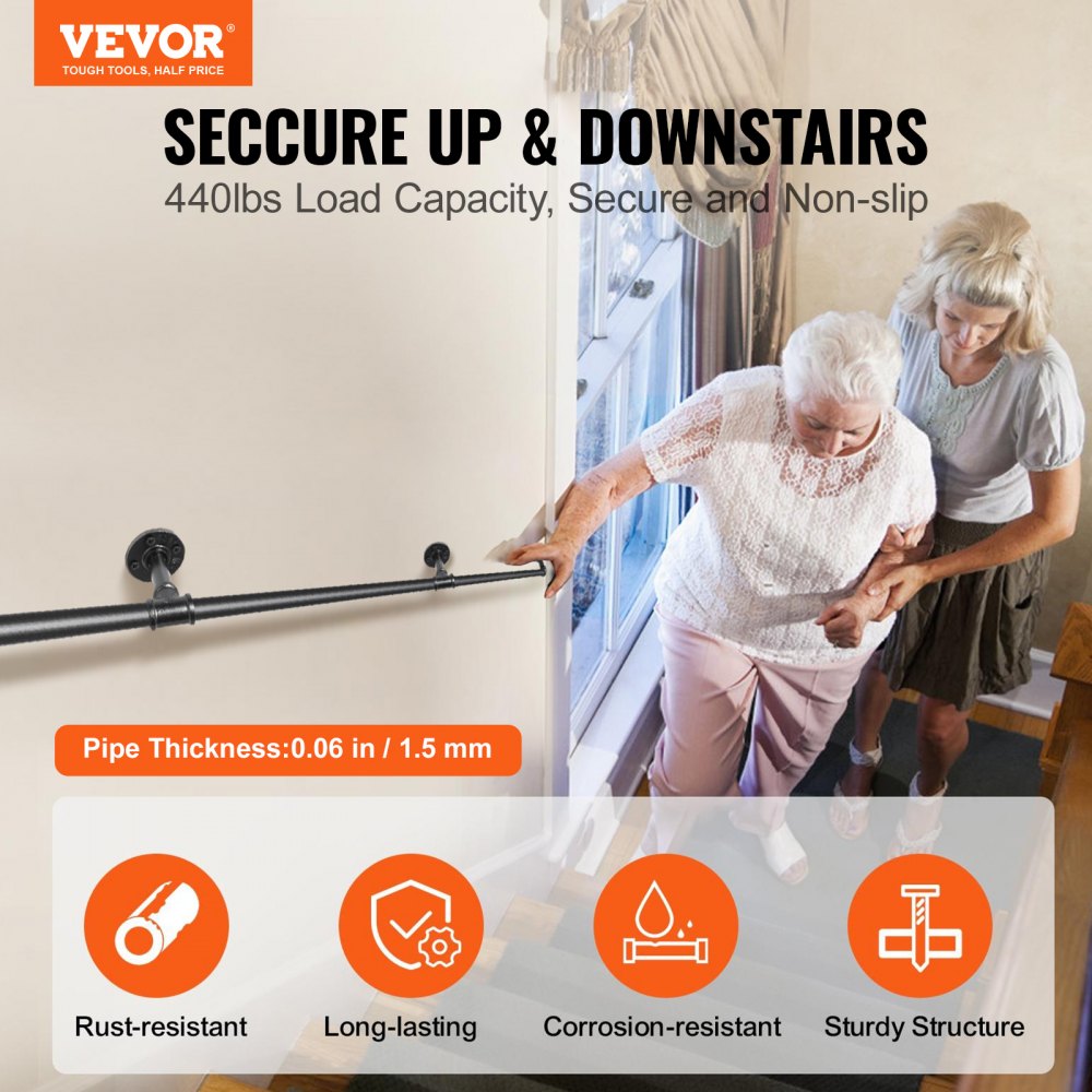 13-foot carbon steel pipe stair handrail with 440lbs capacity and wall mounts.