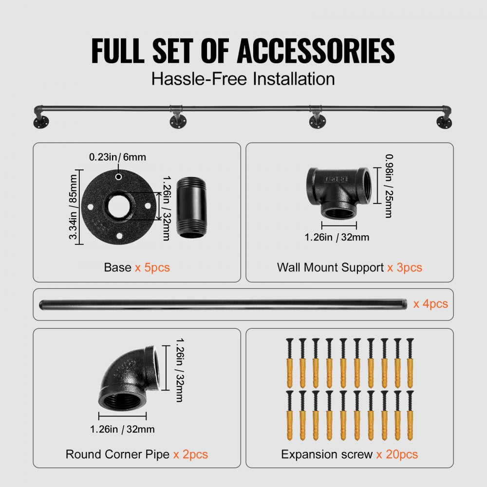 A full set of black carbon steel pipe handrail accessories with dimensions.