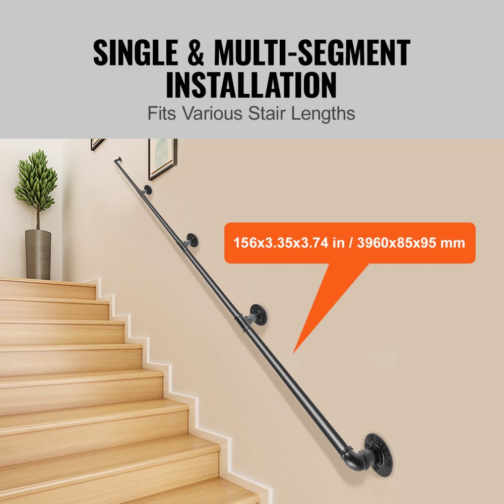 A 13-foot black carbon steel pipe stair handrail mounted on a wooden staircase with wall brackets.