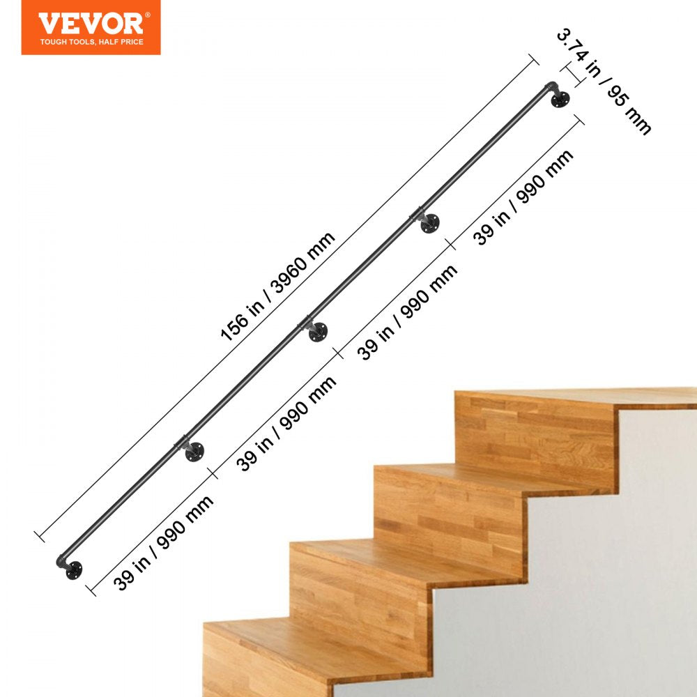 Matte black carbon steel pipe stair handrail, 39 inches high, mounted on wooden stairs.