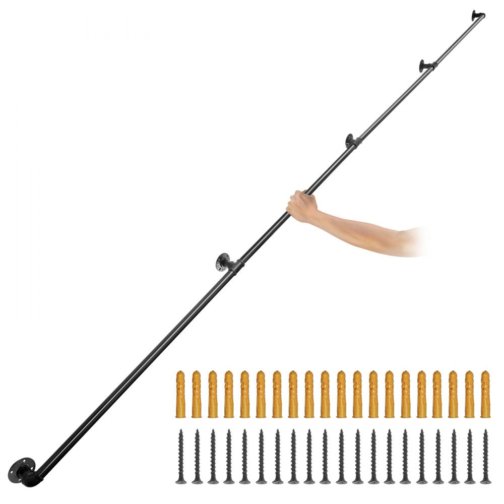 Black carbon steel pipe stair handrail, 13 feet long with wall mounts and included screws.