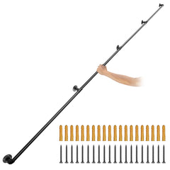 Black carbon steel pipe stair handrail, 13 feet long with wall mounts and included screws.