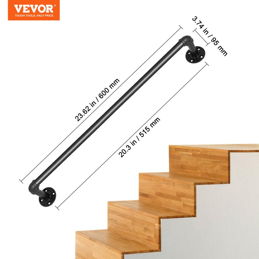 Bostome 2FT carbon steel pipe stair handrail with a matte black finish and wall mount support.