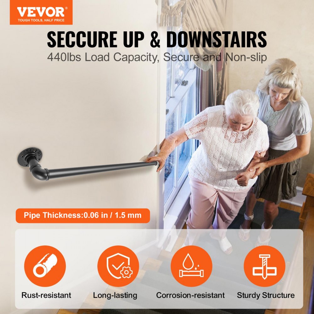 Bostome 3FT carbon steel pipe stair handrail with matte black finish for indoor and outdoor use.
