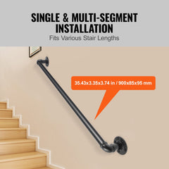 Bostome 3FT carbon steel pipe stair handrail with matte black finish for indoor and outdoor use.