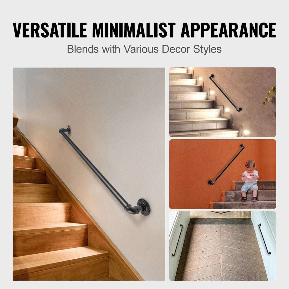 Bostome 3FT carbon steel pipe stair handrail with matte black finish for indoor and outdoor use.