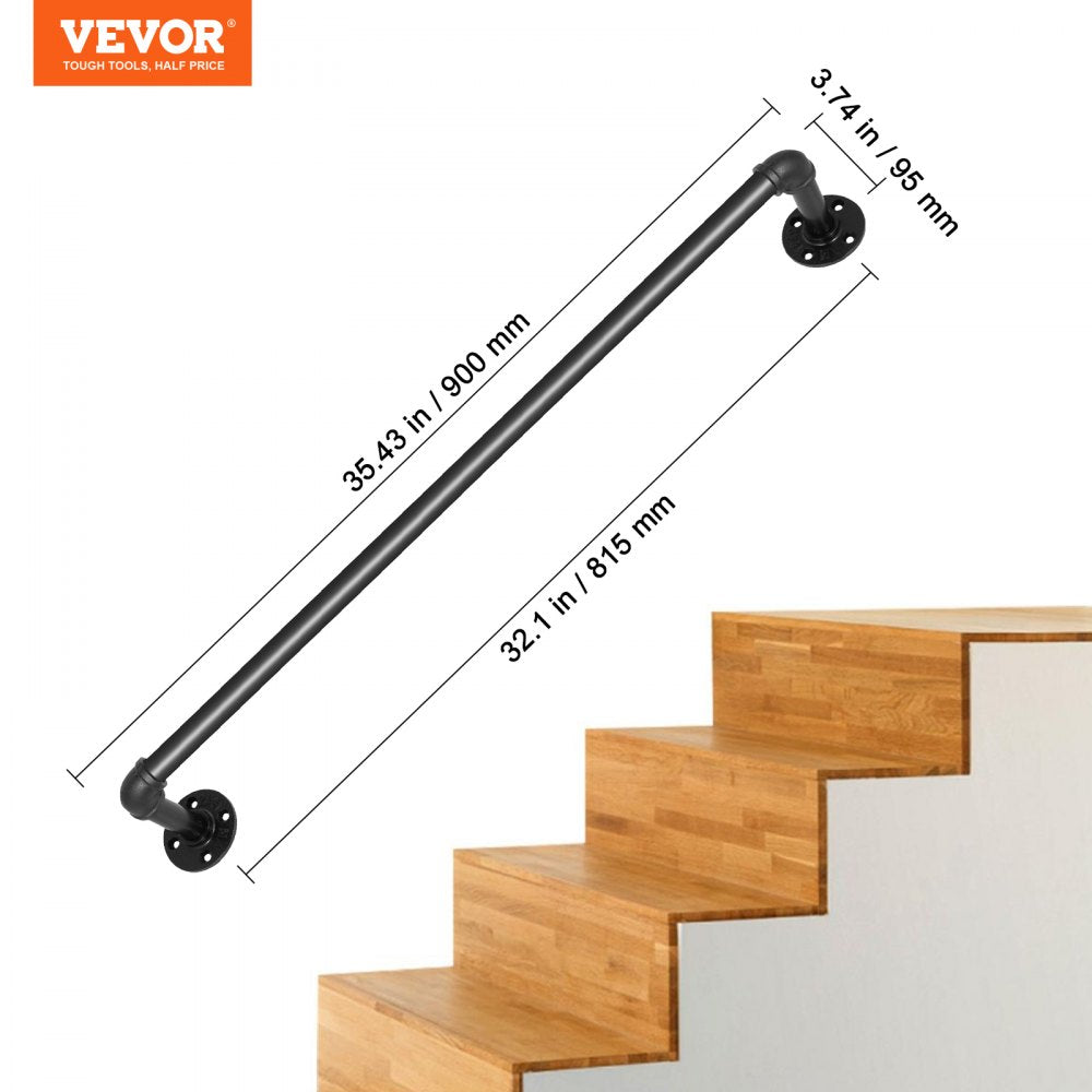 Bostome 3FT carbon steel pipe stair handrail with a matte black finish for indoor or outdoor use.