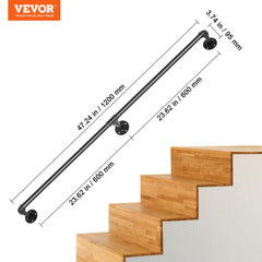 4FT carbon steel pipe stair handrail with matte black finish and secure wall mounting brackets.