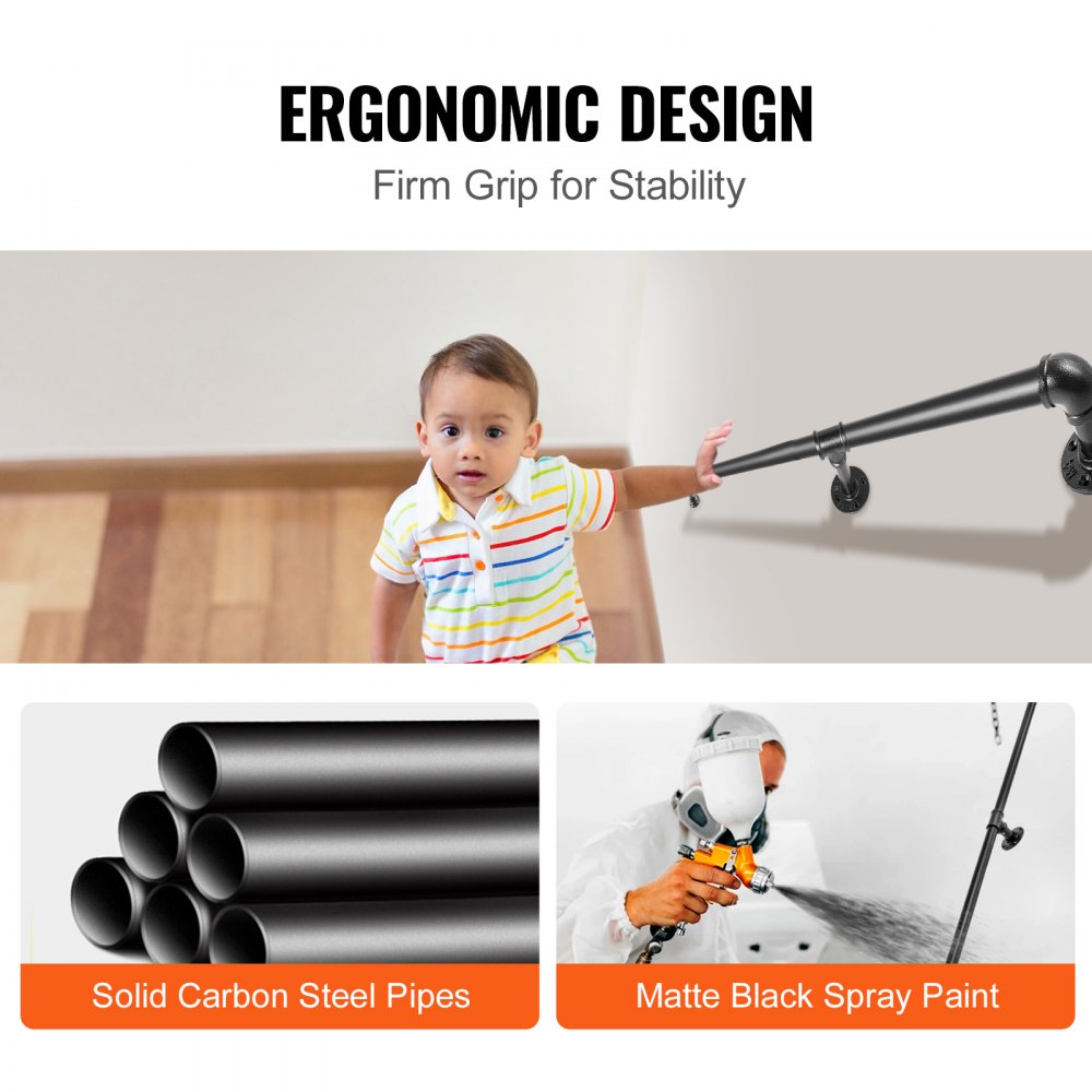 Bostome 5ft carbon steel pipe stair handrail with matte black finish and heavy-duty brackets.