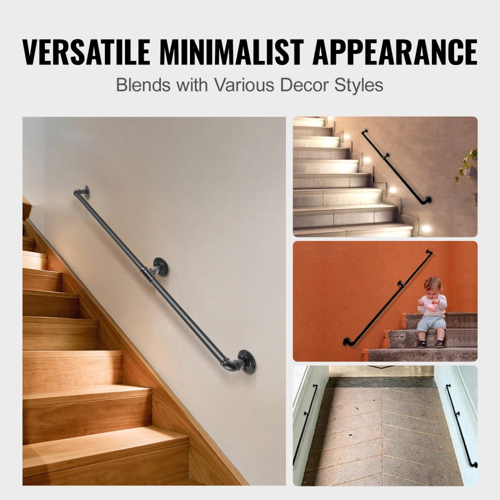 Black carbon steel pipe stair handrail, 6ft long, suitable for indoor and outdoor use.
