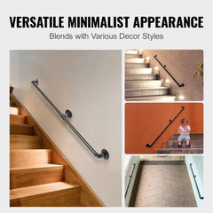 Black carbon steel pipe stair handrail, 6ft long, suitable for indoor and outdoor use.