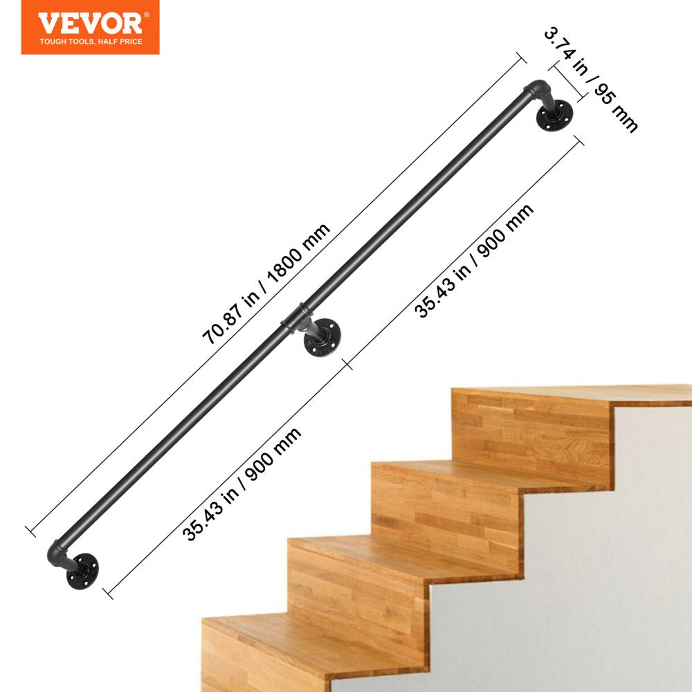 Black carbon steel pipe stair handrail, 6 feet long, suitable for indoor and outdoor use.