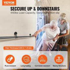 Black 8ft carbon steel pipe stair handrail with sturdy brackets for indoor and outdoor use.