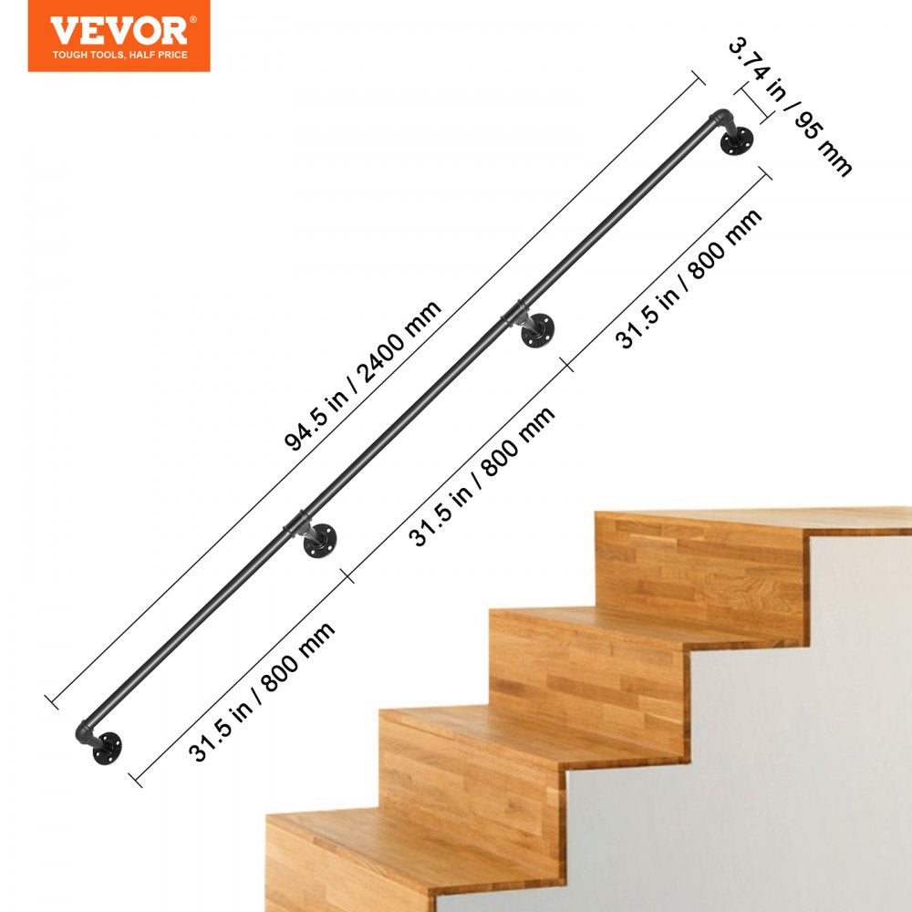 Black 8ft carbon steel pipe stair handrail with secure brackets for indoor and outdoor use.