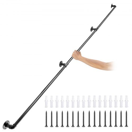 Black 9ft carbon steel pipe stair handrail with robust construction and adjustable design.
