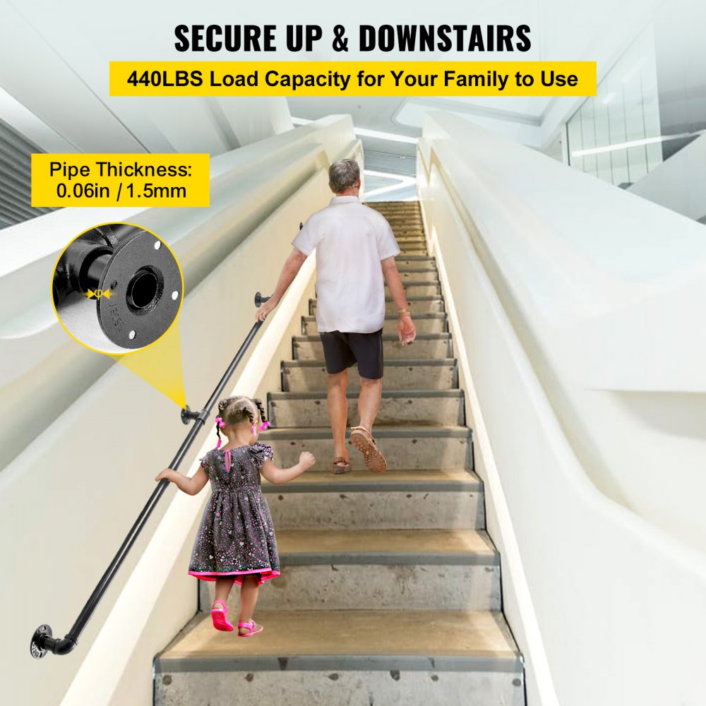 Black 9FT carbon steel pipe stair handrail with a matte finish and sturdy wall supports.