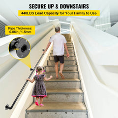 Black 9FT carbon steel pipe stair handrail with a matte finish and sturdy wall supports.
