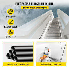 Black 9ft carbon steel pipe stair handrail with robust construction and adjustable design.