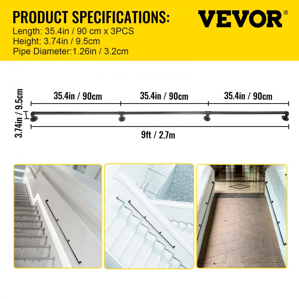 Black 9ft carbon steel pipe stair handrail with robust construction for indoor and outdoor use.