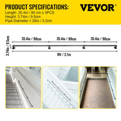 Black 9ft carbon steel pipe stair handrail with robust construction for indoor and outdoor use.