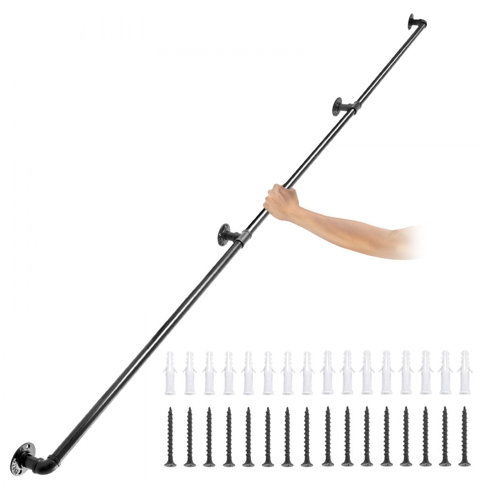 Black carbon steel pipe handrail, 9 feet long, designed for indoor and outdoor stair use.