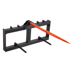 Black 49-inch hay spear bale attachment with orange tine, stabilizers, and black frame.