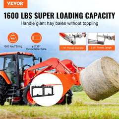 49-inch hay spear bale attachment with stabilizers for 1600 lbs capacity on a tractor.