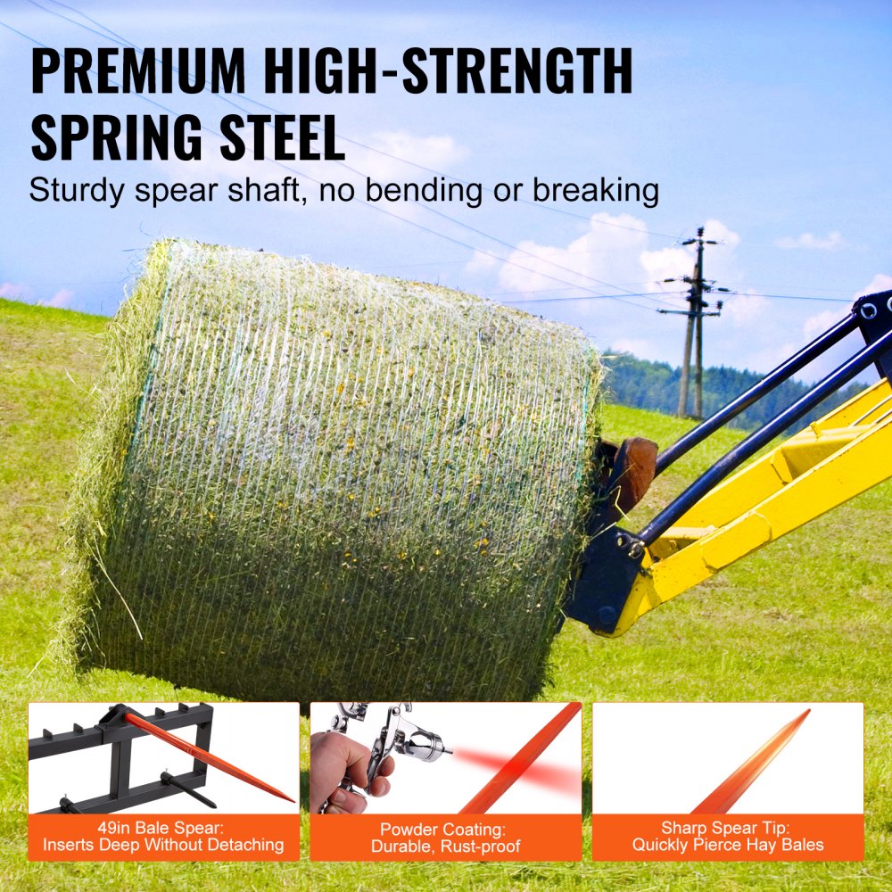 49-inch hay spear bale attachment with stabilizers for skid steer, featuring a sturdy steel spear and quick-attach plate.