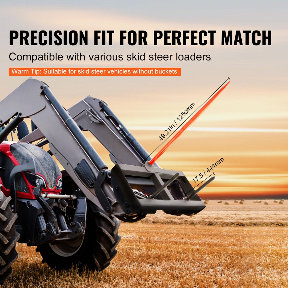 49-inch hay spear bale attachment on red tractor with stabilizers and bale in field.
