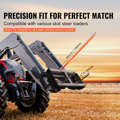 49-inch hay spear bale attachment on red tractor with stabilizers and bale in field.