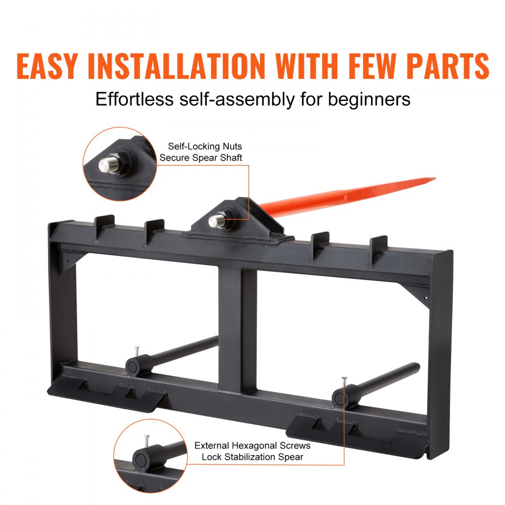 49-inch hay spear bale attachment with stabilizers and self-locking hardware.