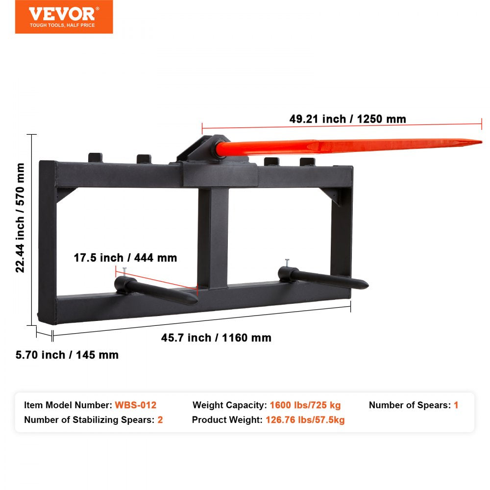 Black 49-inch hay spear bale attachment with two stabilizers and 1600 lbs capacity.