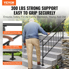 Matte black wrought iron outdoor stair railing for 0-5 steps with adjustable height.