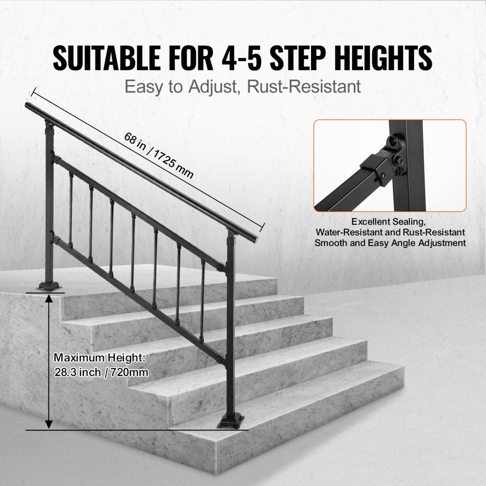 Matte black wrought iron outdoor stair railing for 0-5 steps with adjustable height.