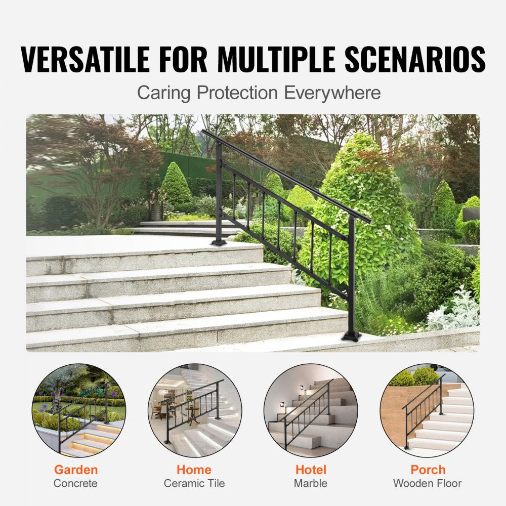 Matte black wrought iron outdoor stair railing for 0-5 steps with adjustable height.