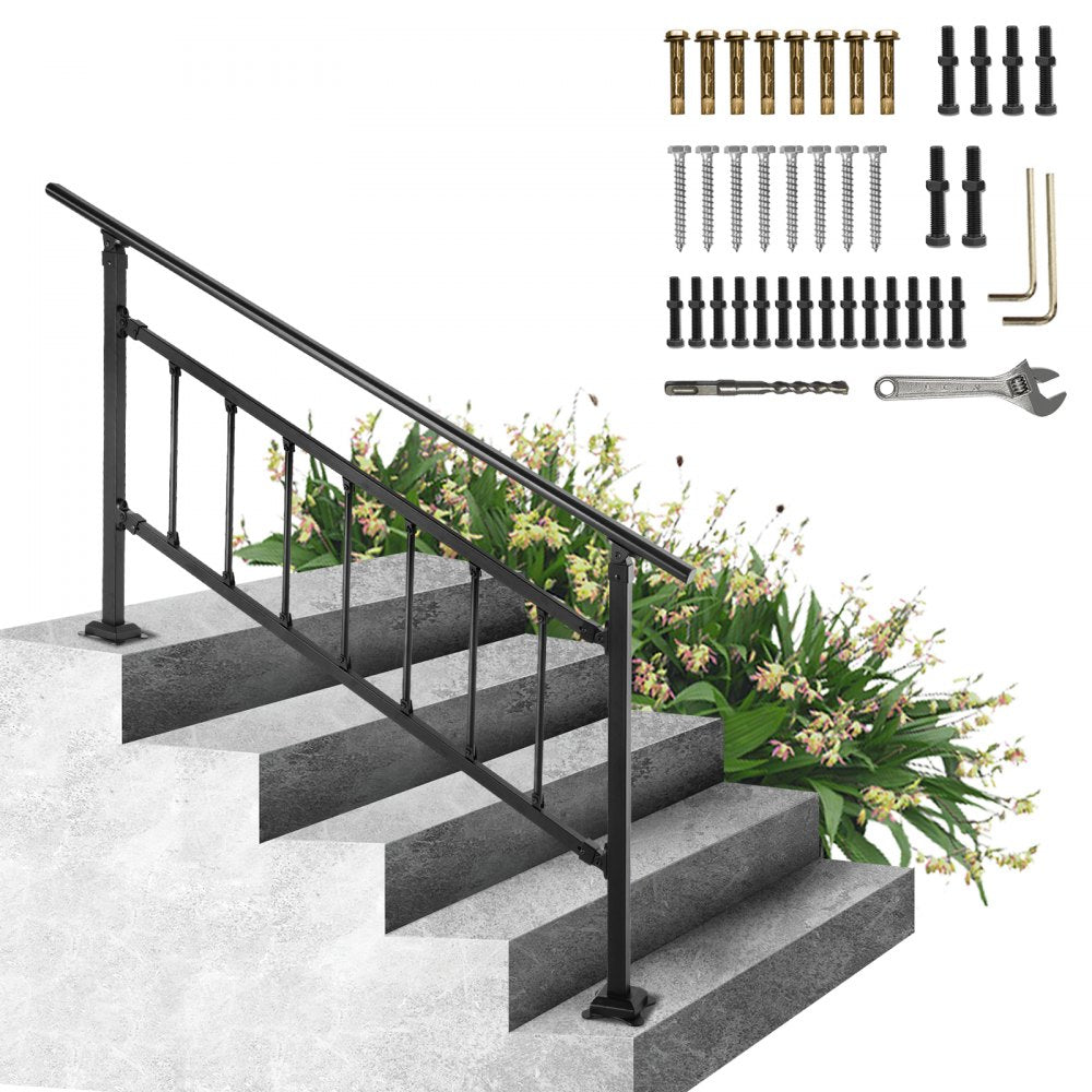 Matte black wrought iron outdoor stair railing for 0-5 steps with adjustable height and angle.