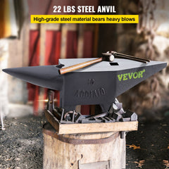 22 lbs cast steel single horn anvil with 55 HRC hardness on wooden base.