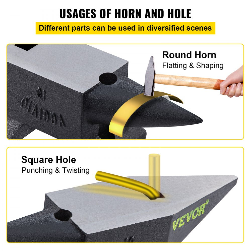 Cast steel single horn anvil with round horn, square hole, and 55 HRC hardness.