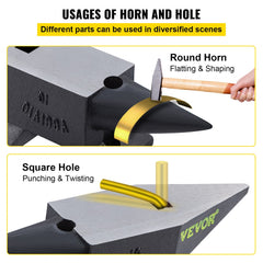 Cast steel single horn anvil with round horn, square hole, and 55 HRC hardness.
