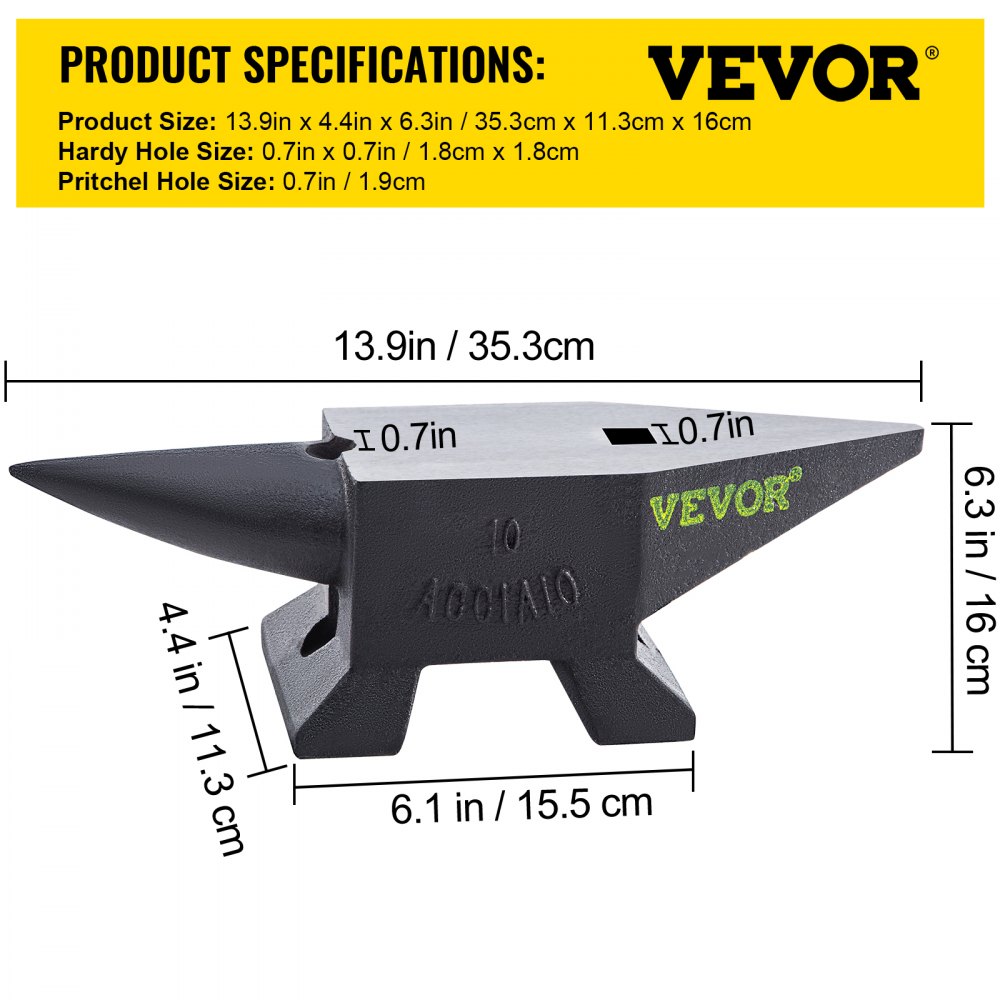22 lbs cast steel single horn anvil with 55 HRC hardness, measuring 13.9 x 4.4 x 3.9 inches.
