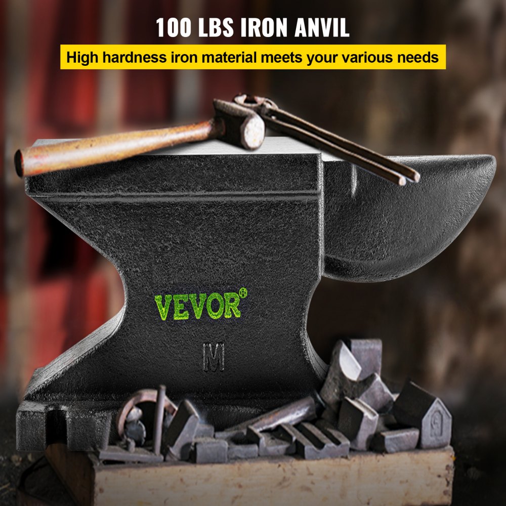 Bostome 100lb cast iron anvil with a polished surface, single horn, and square hole design.