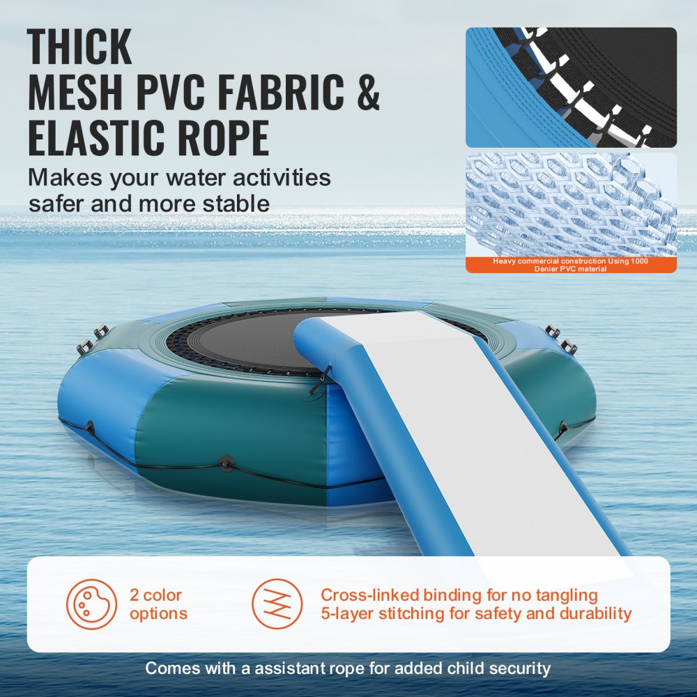 10ft inflatable water trampoline in blue with slide, ladder, and mesh deck.