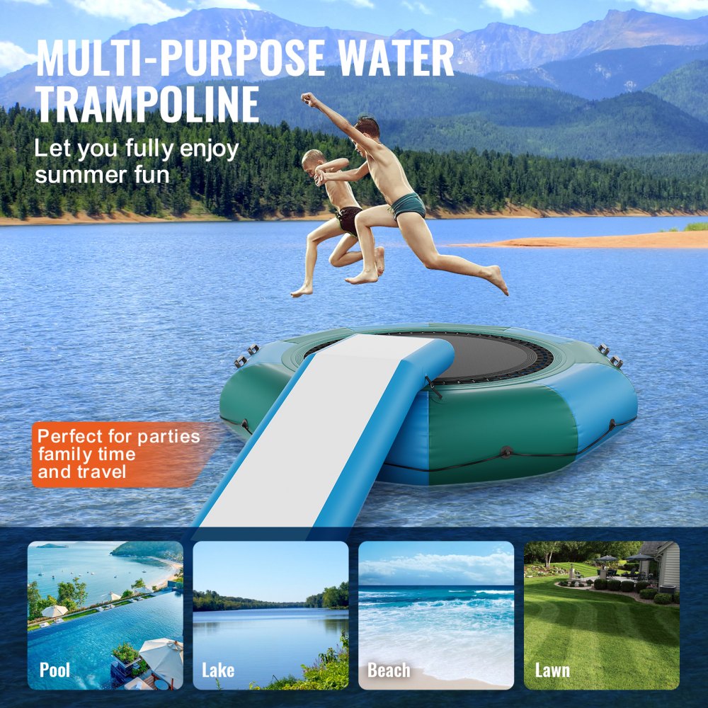 10ft inflatable water trampoline with slide, ladder, and anchors for lake, beach, or pool use.
