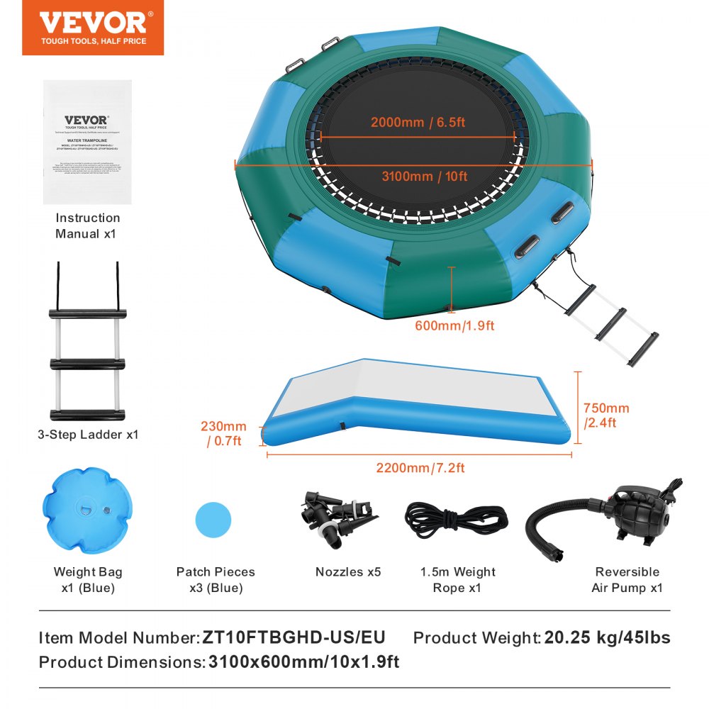10ft inflatable water trampoline in blue and green with slide, 3-step ladder, pump, and repair kit.
