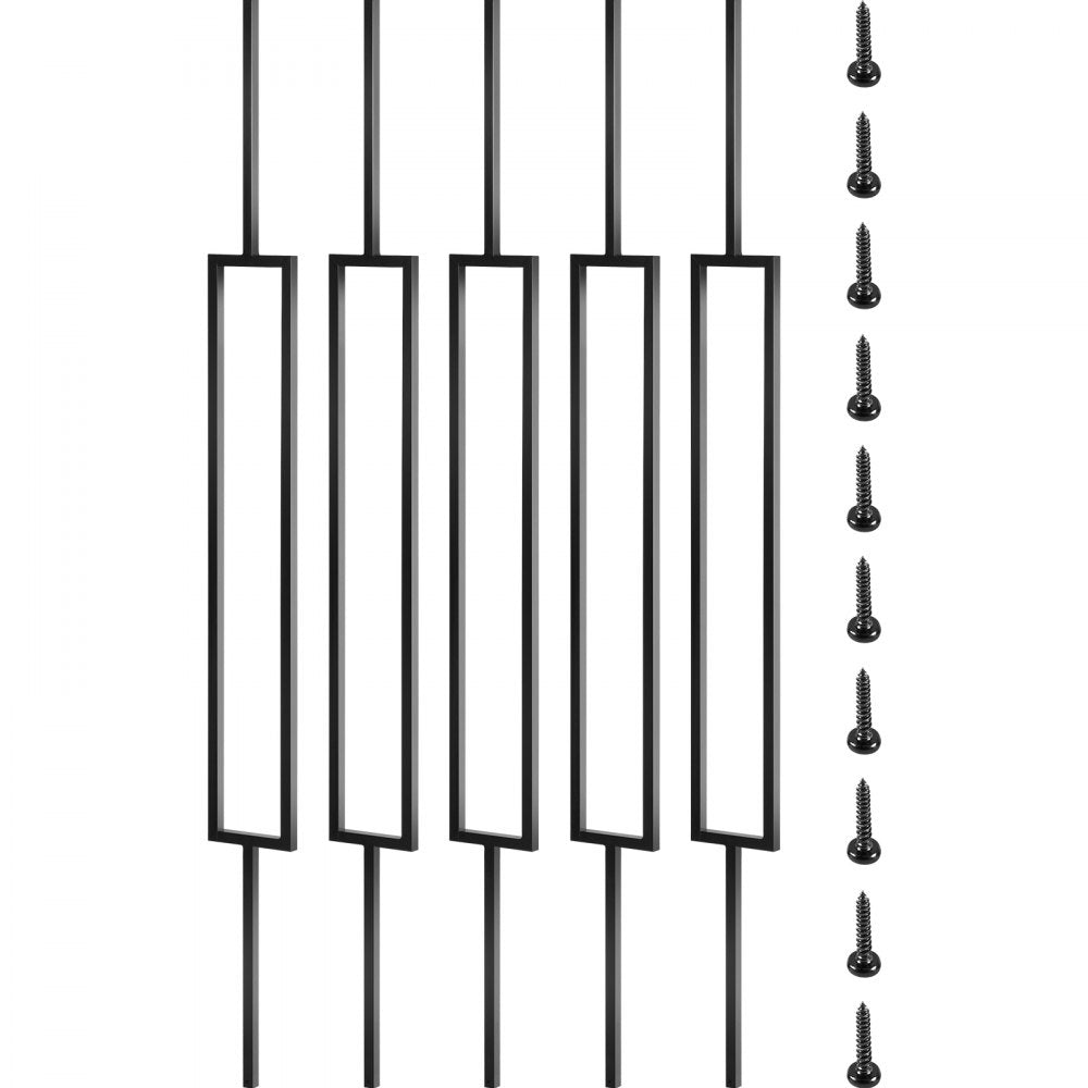 10 black iron deck balusters, each 44 inches tall and 0.5 inches wide, with pre-drilled holes and screws.